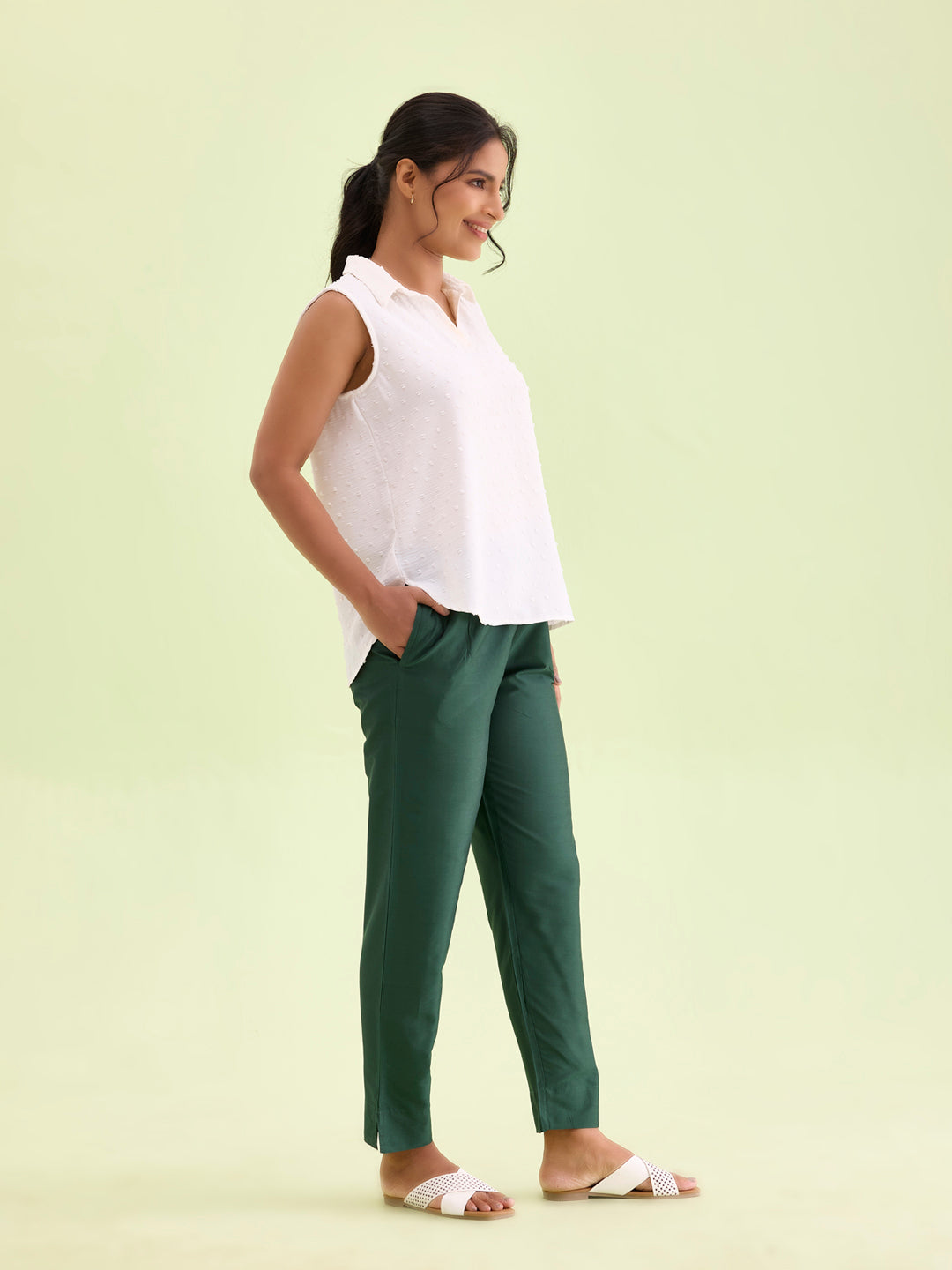 Bottle Green Poly Modal Metallic Pants