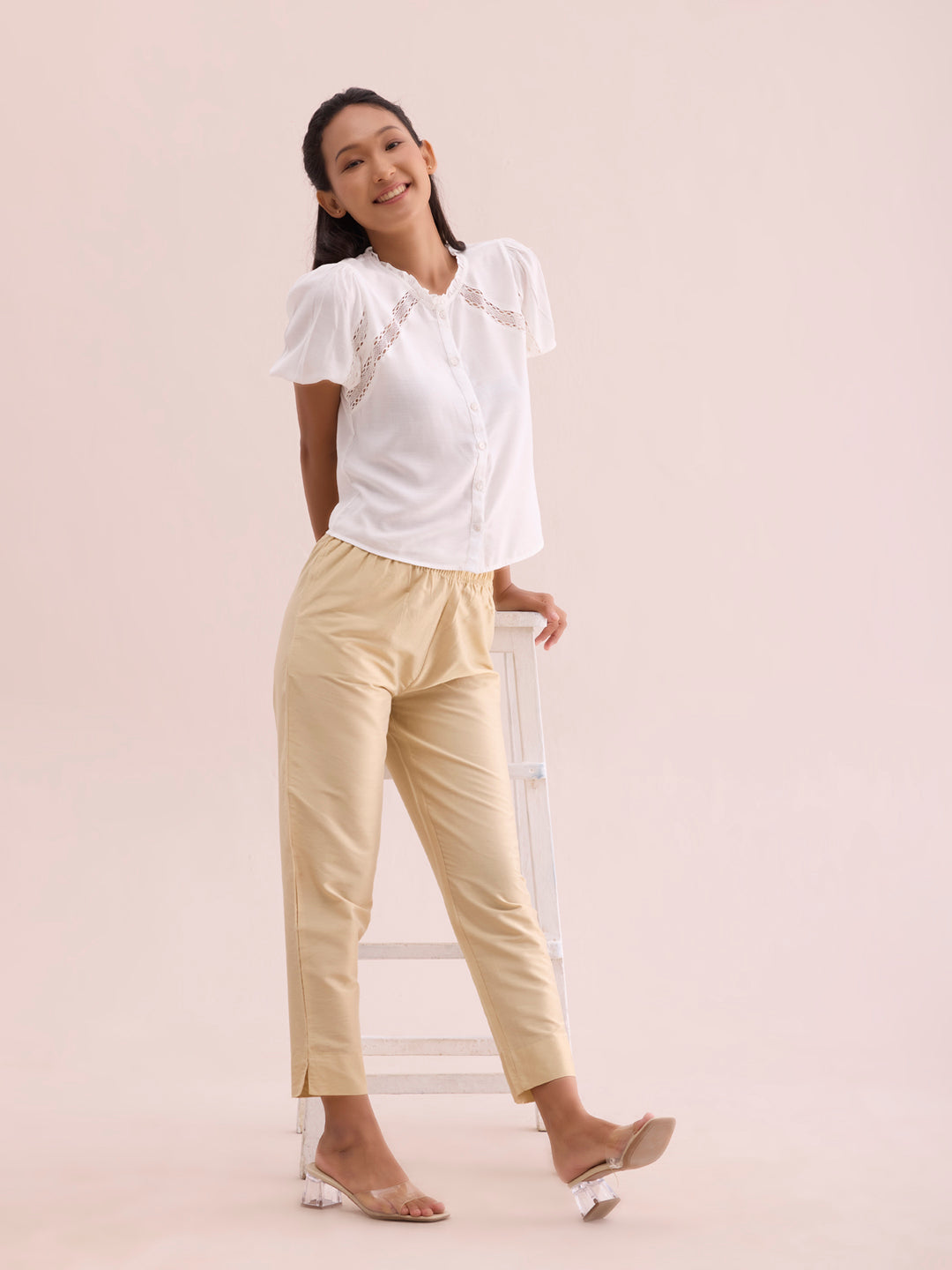 Dark Cream Poly Modal Metallic Pants