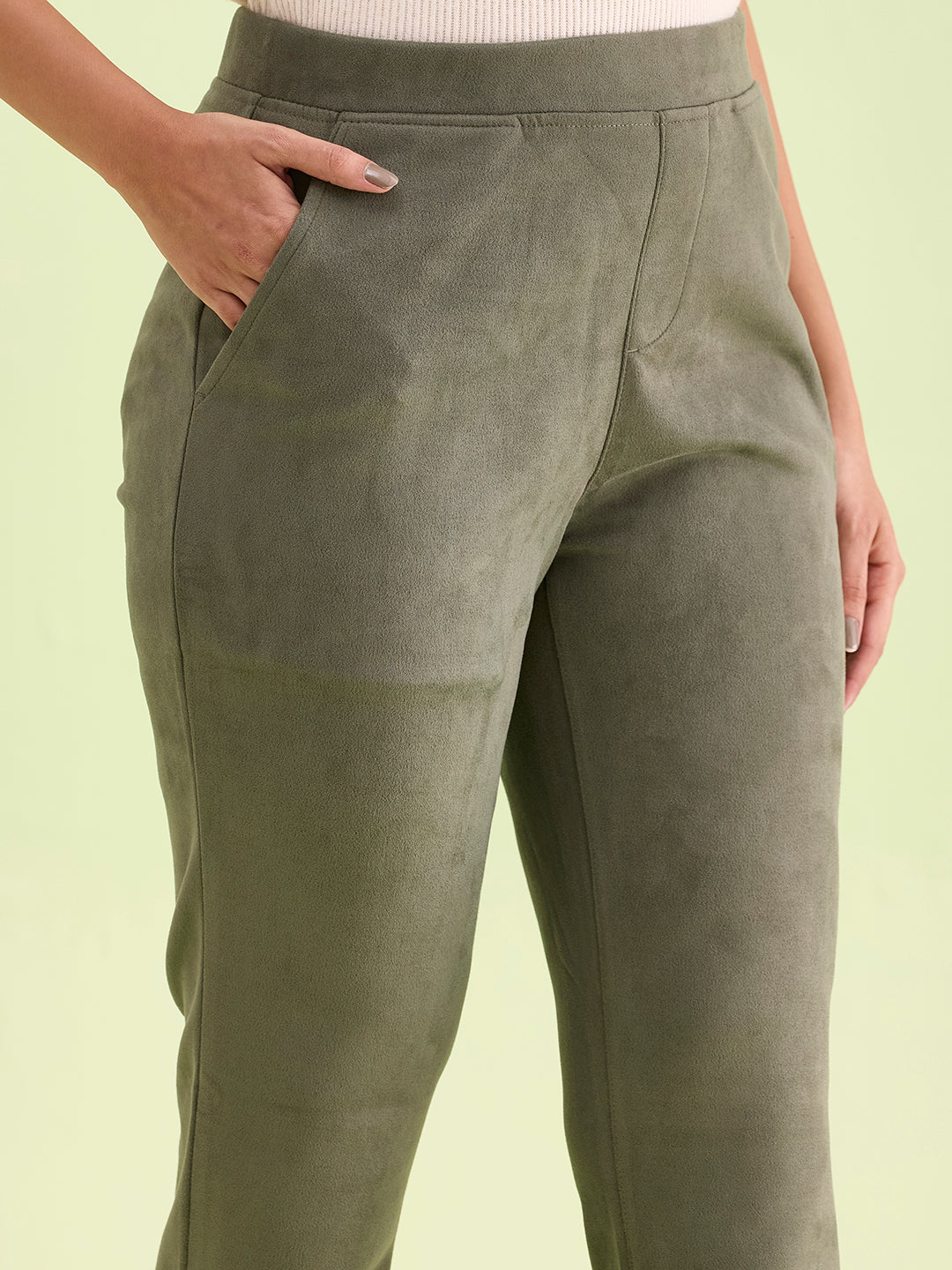 Olive Green Poly Stretch Suede Tregging