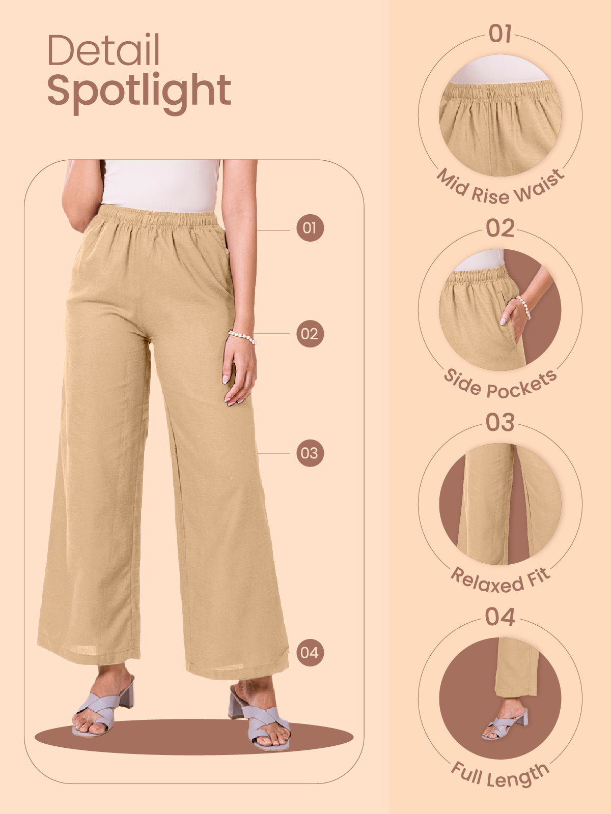 Beige Viscose Blend Linen Palazzos