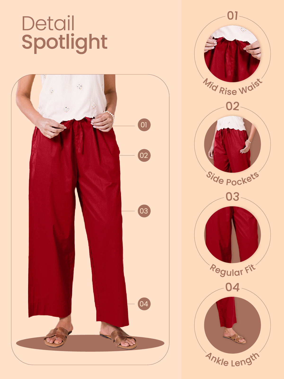 Light Maroon Cotton Wide Leg Pants