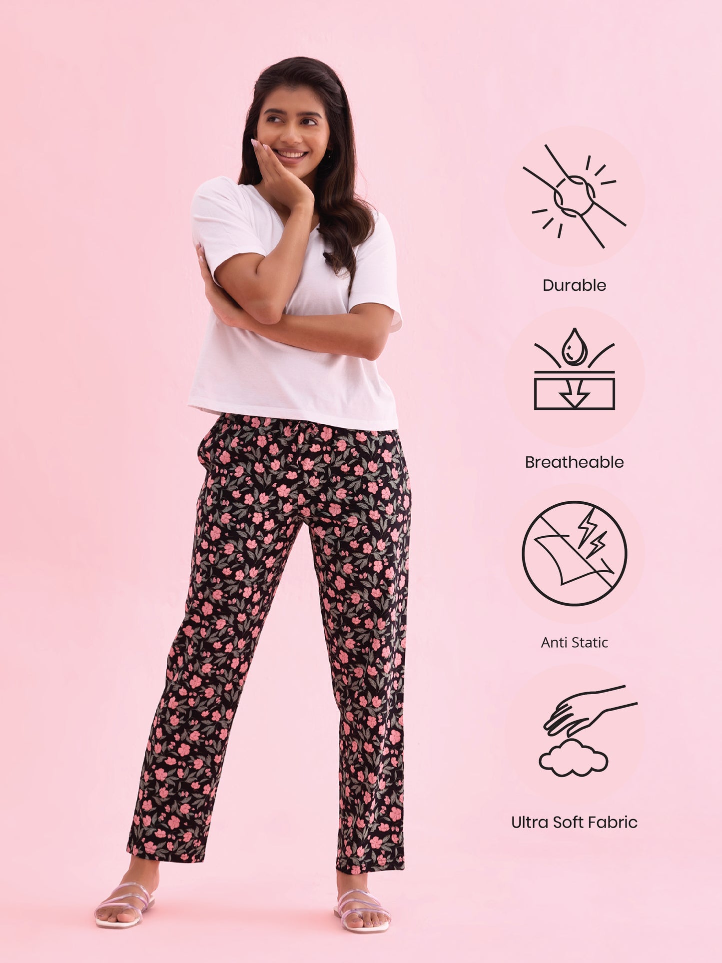 Black Cotton Knit Printed Lounge Pants