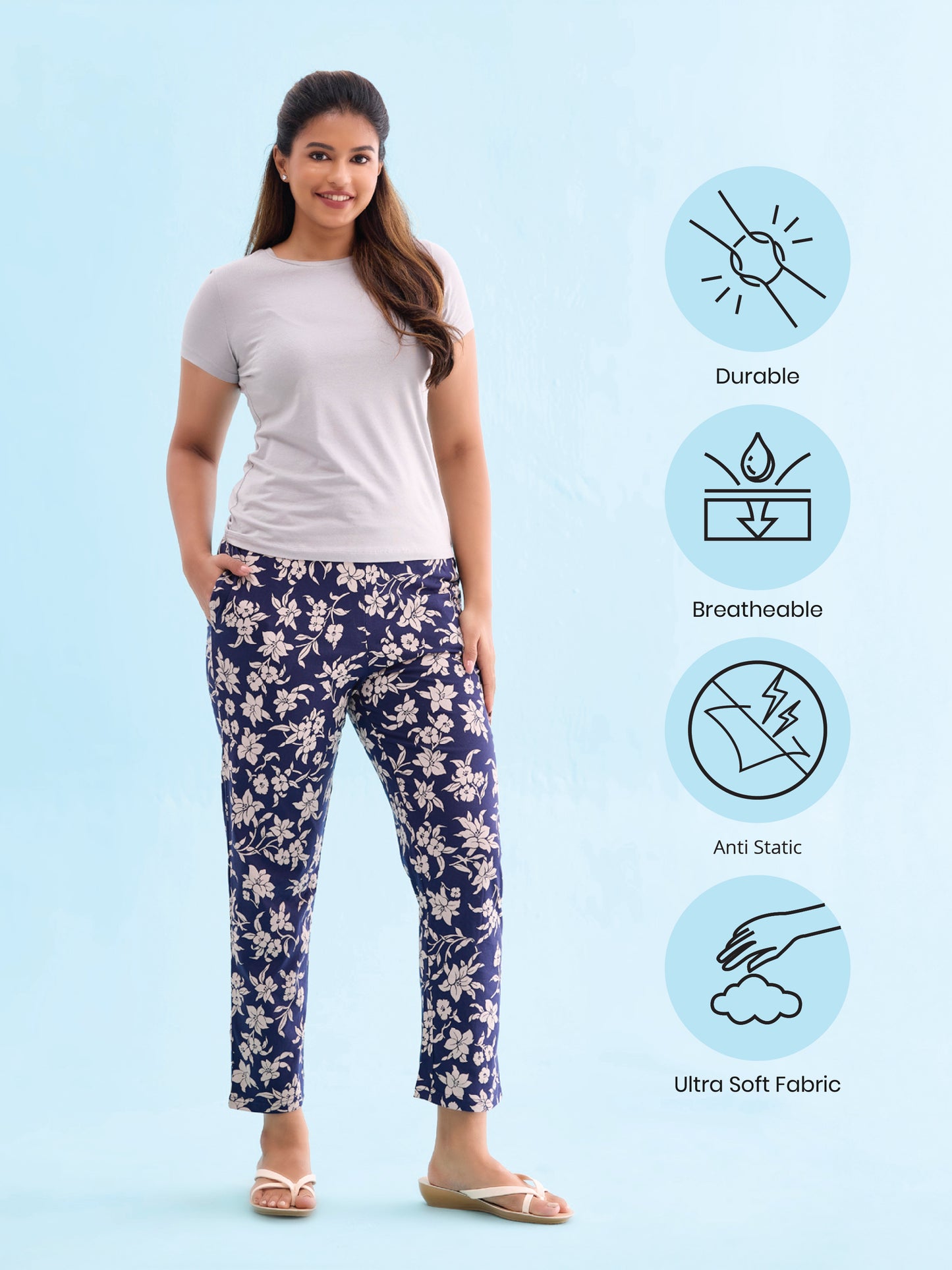 Navy Cotton Knit Printed Lounge Pants