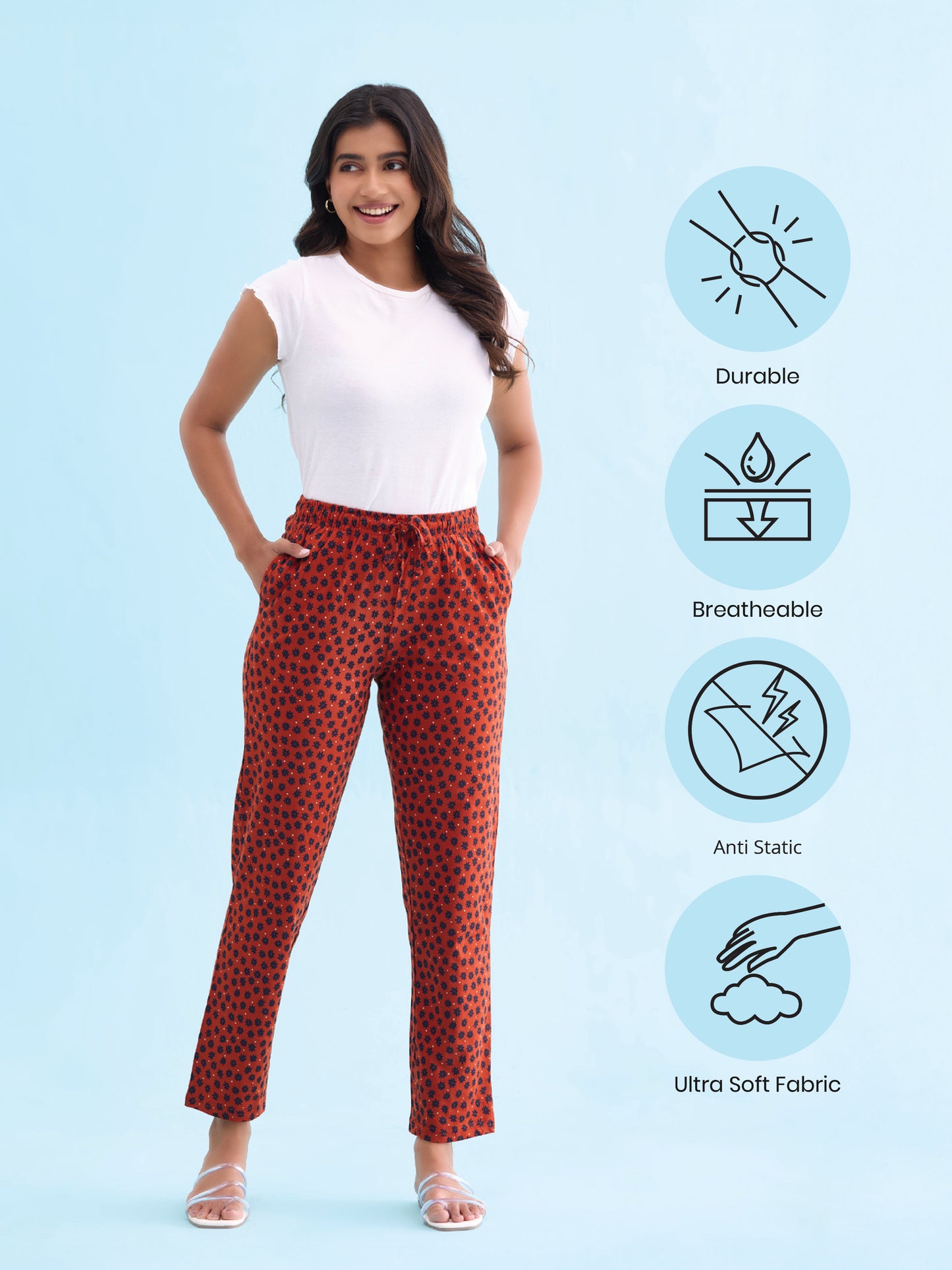 Rust Cotton Knit Printed Lounge Pants