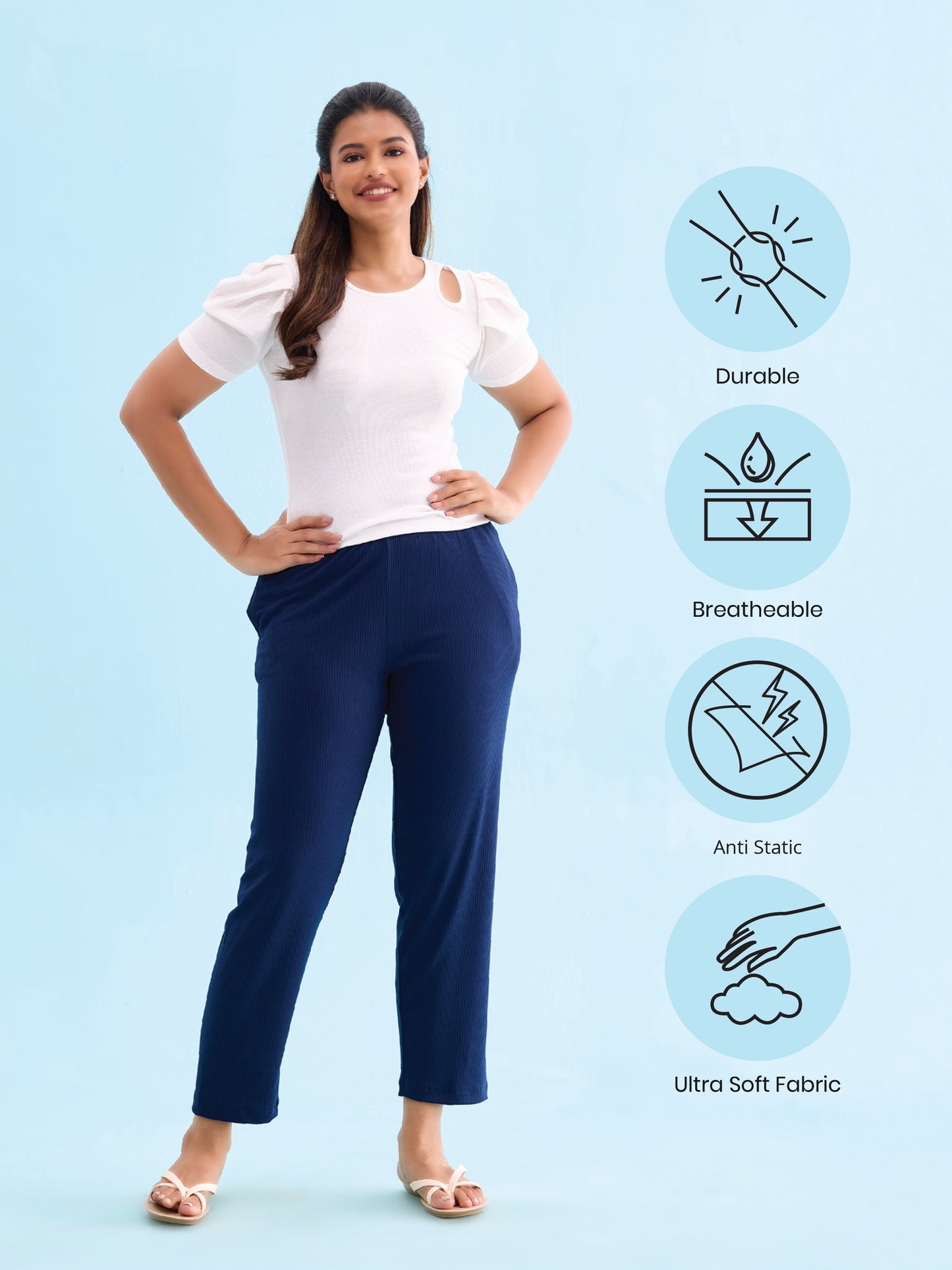 Navy Drop Needle Fabric Casual Rib Pant