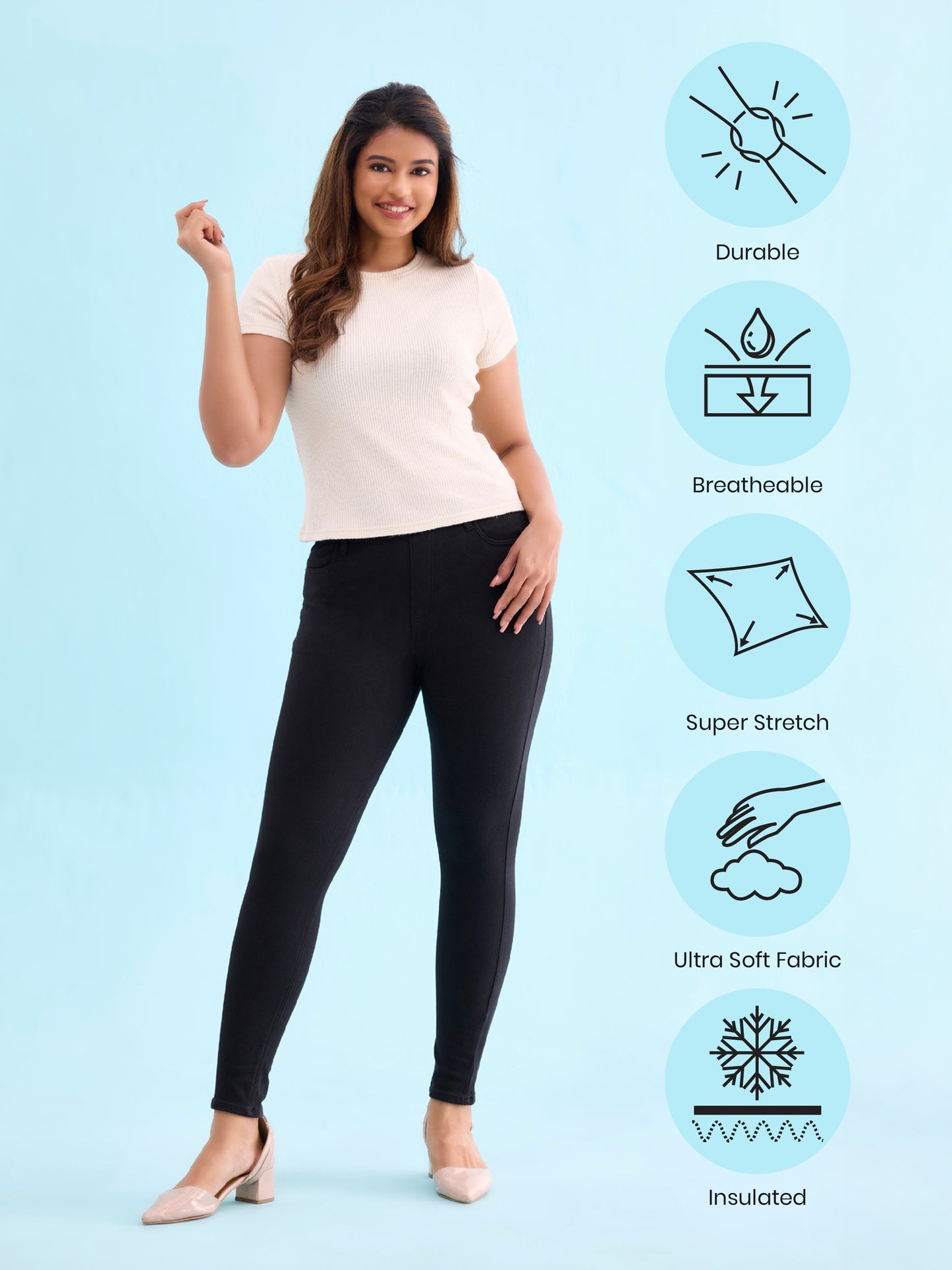 Black Cotton Polyester Warm Super Stretch Jeggings