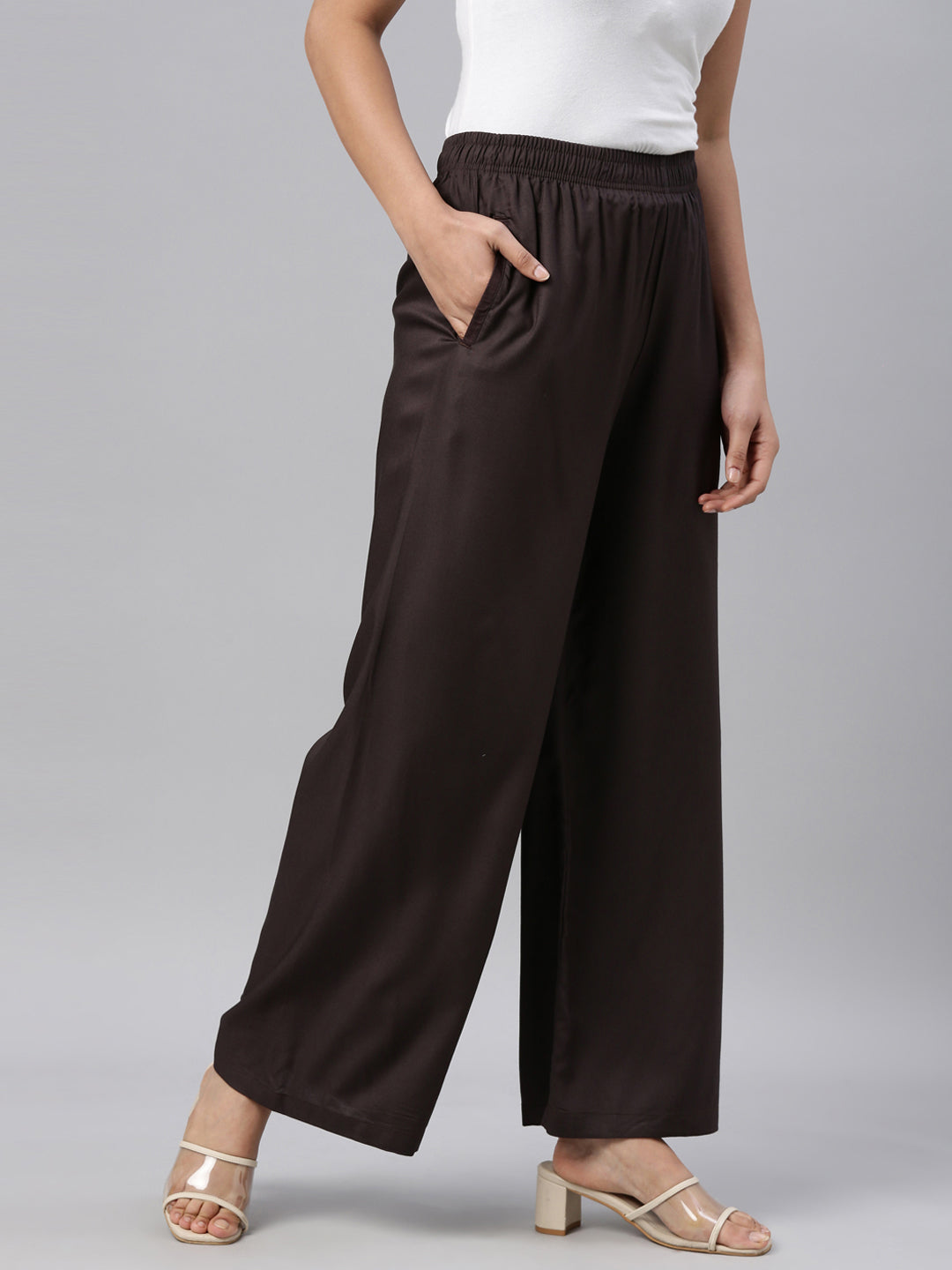 Dark Brown Woven Viscose Basic Palazzo