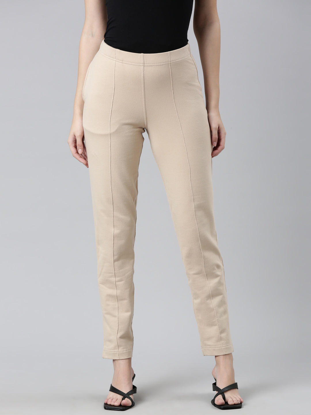 Women Natural Beige Solid Cotton Trouser