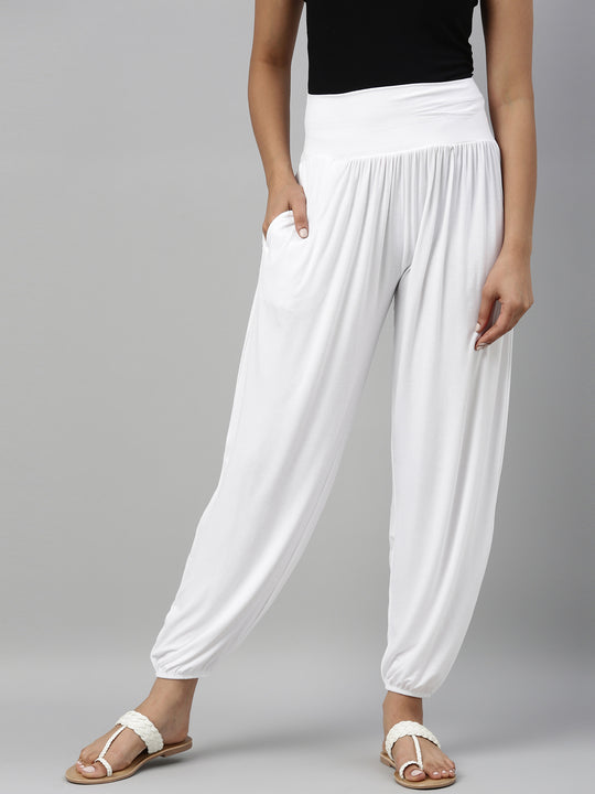 Women Solid White Cotton Kurti Pants - Tall