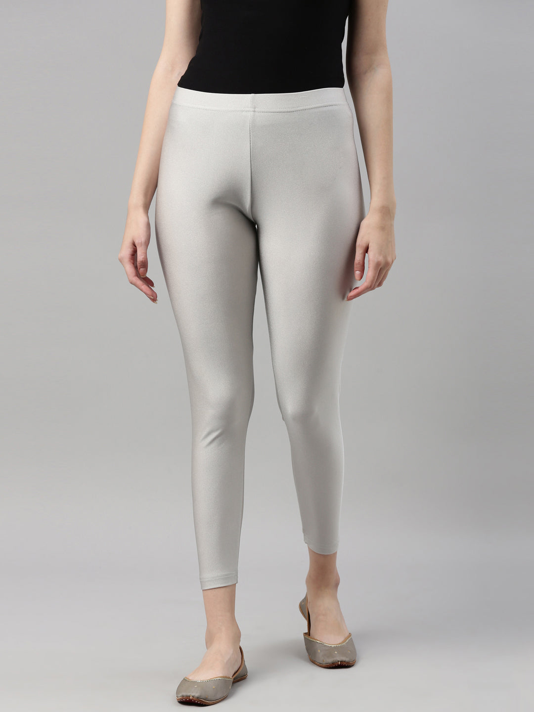 Buy Go Colors Women Silver Grey Viscose Shimmer Leggings online