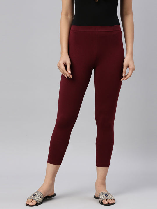 Women Solid Bright Maroon Ribbed Warm Leggings