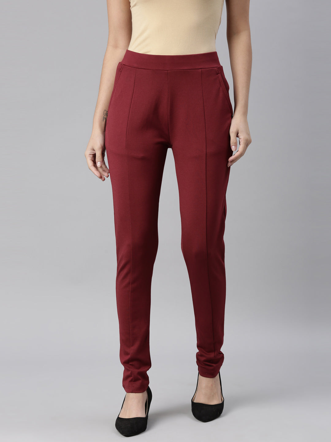 Women Solid Maroon Stretch Ponte Pants