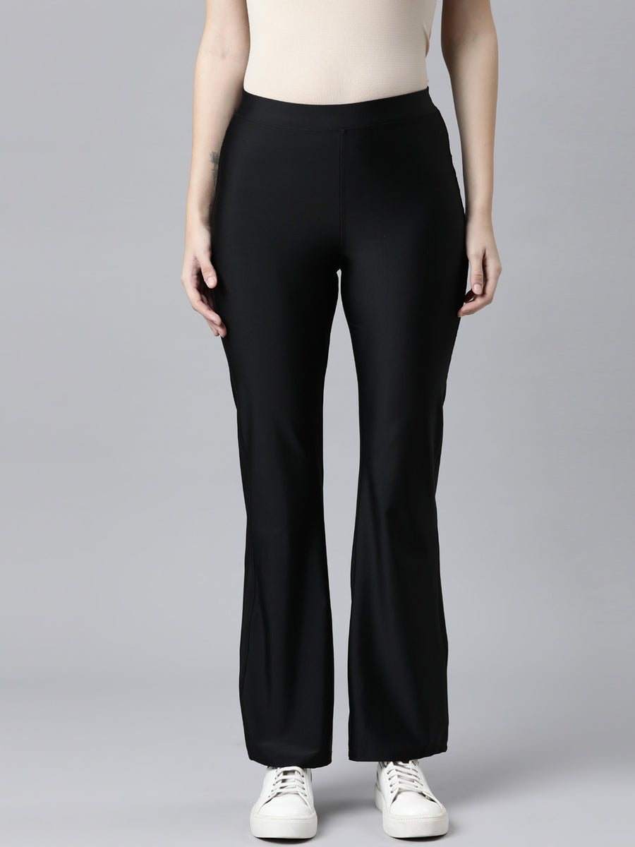 Women Solid Black High Rise Bell Bottoms