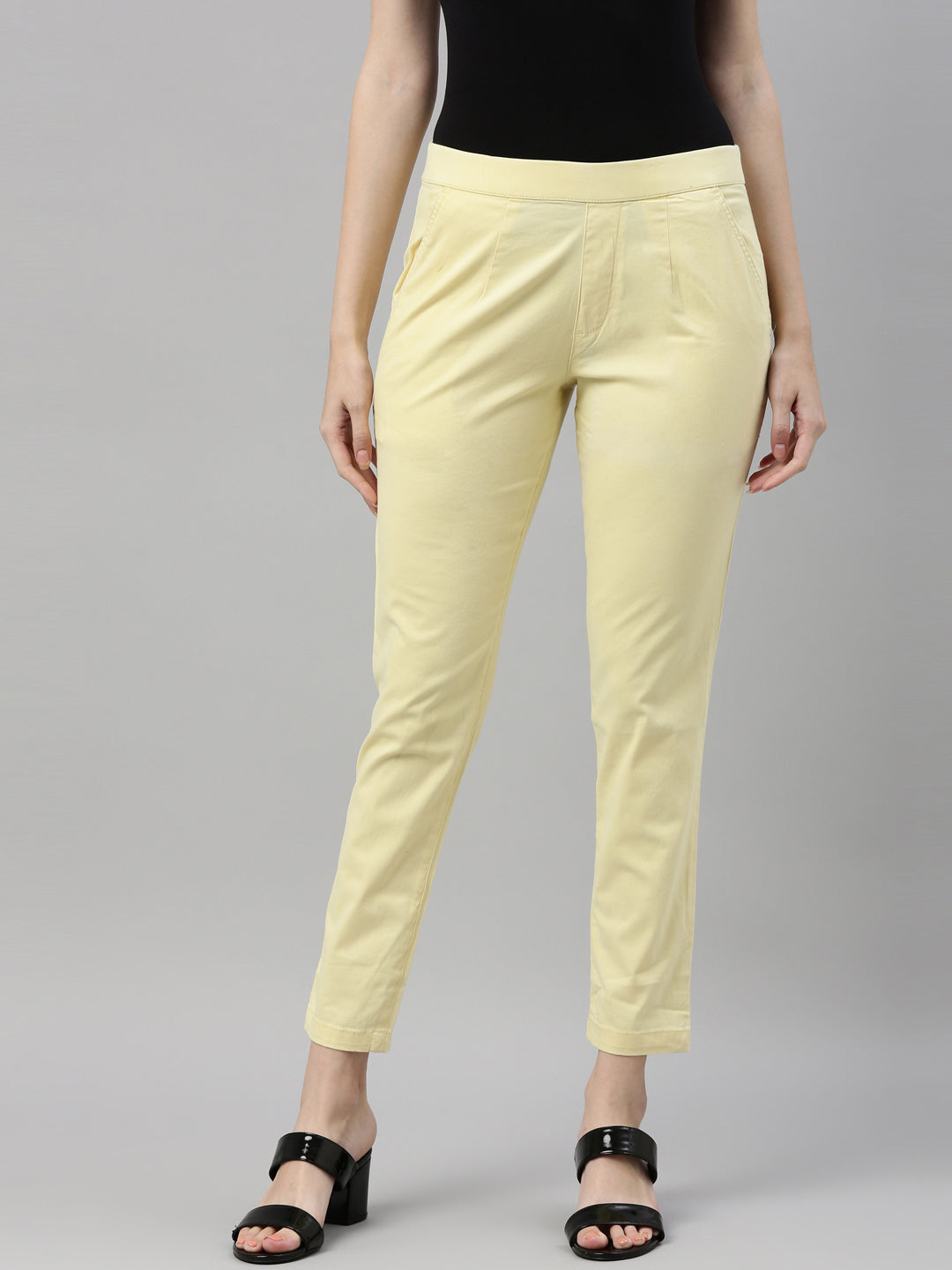 Women's Bright Yellow Mid-Rise Cotton Denim Stretch Pants