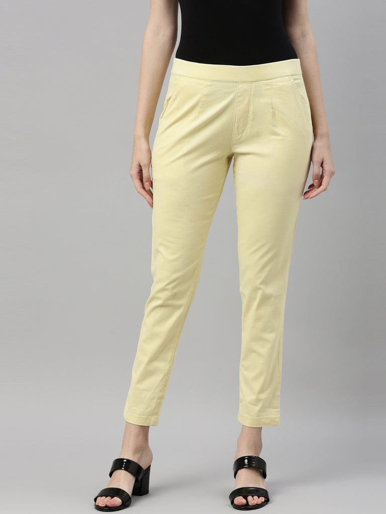 Buy HAMH Women's Cotton Straight Fit Ankle Length Elastic Waist Mid Rise  Casual Stretchable Trouser Pants with Double Side Pocket (Pants-Yellow-M)  Online at Best Prices in India - JioMart.