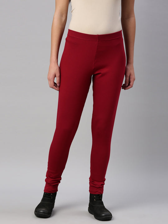 Buy Go Colors Women Solid Bright Red Ribbed Warm Leggings online