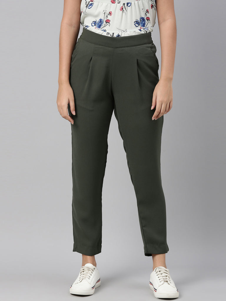 Women Solid Olive Green High Rise Bell Bottoms