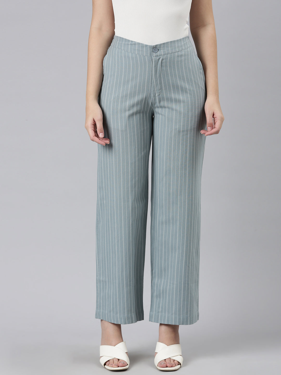 Teal Striped Cotton Trousers  ADORNED