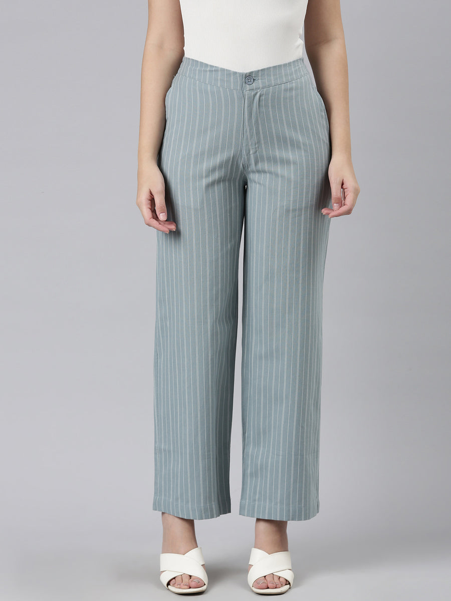 Women Blue Stripe Cotton Wide Pants