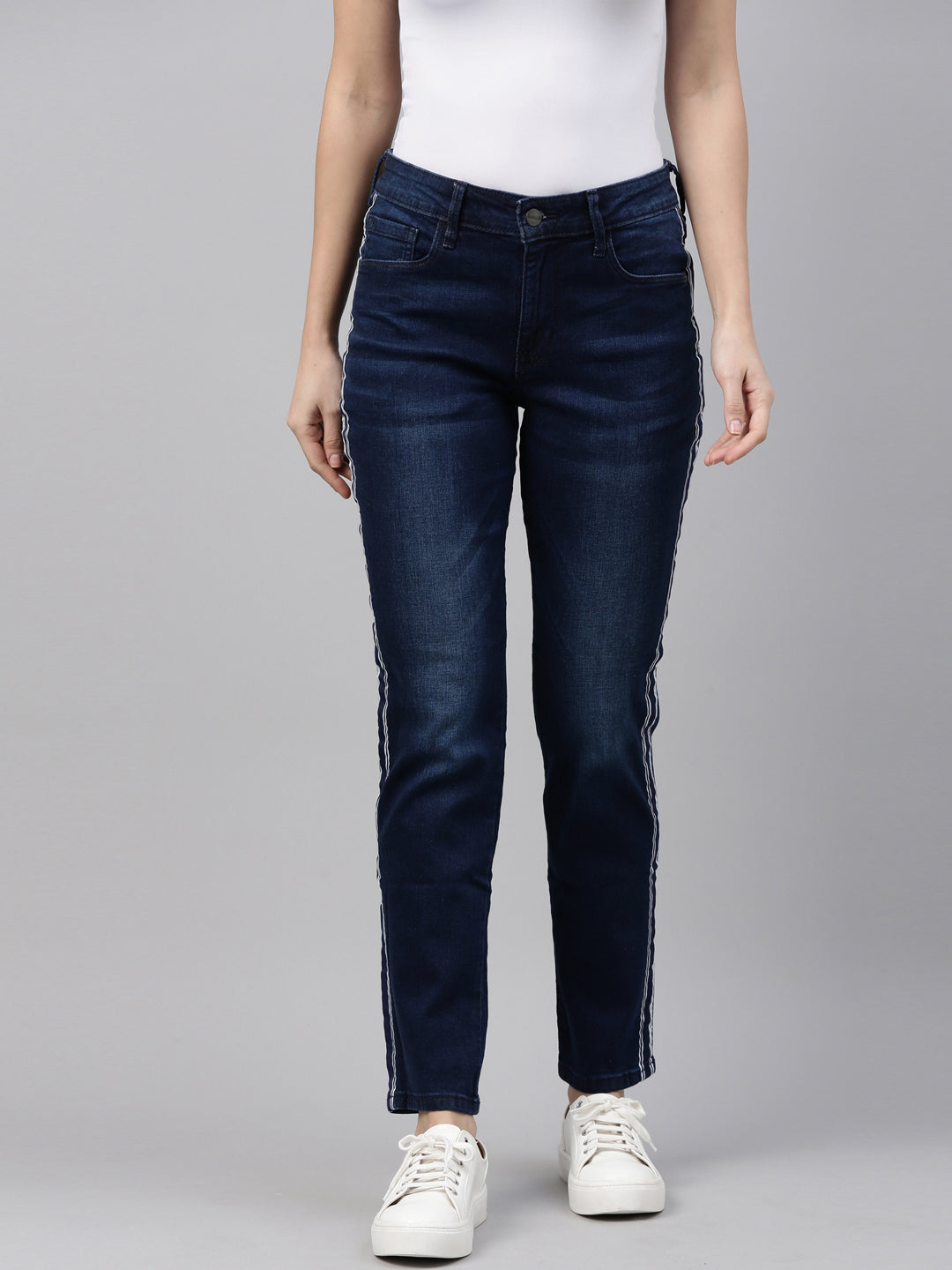 Women Solid Blue Straight Jeans- Go Colors