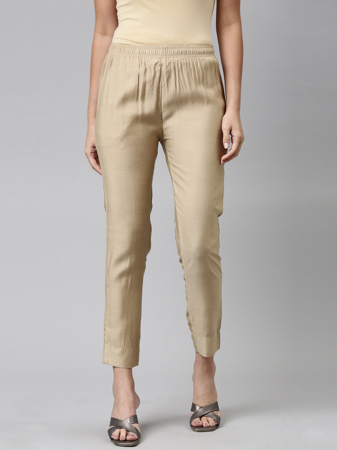 Women Solid Beige Straight Fit Silk Pant