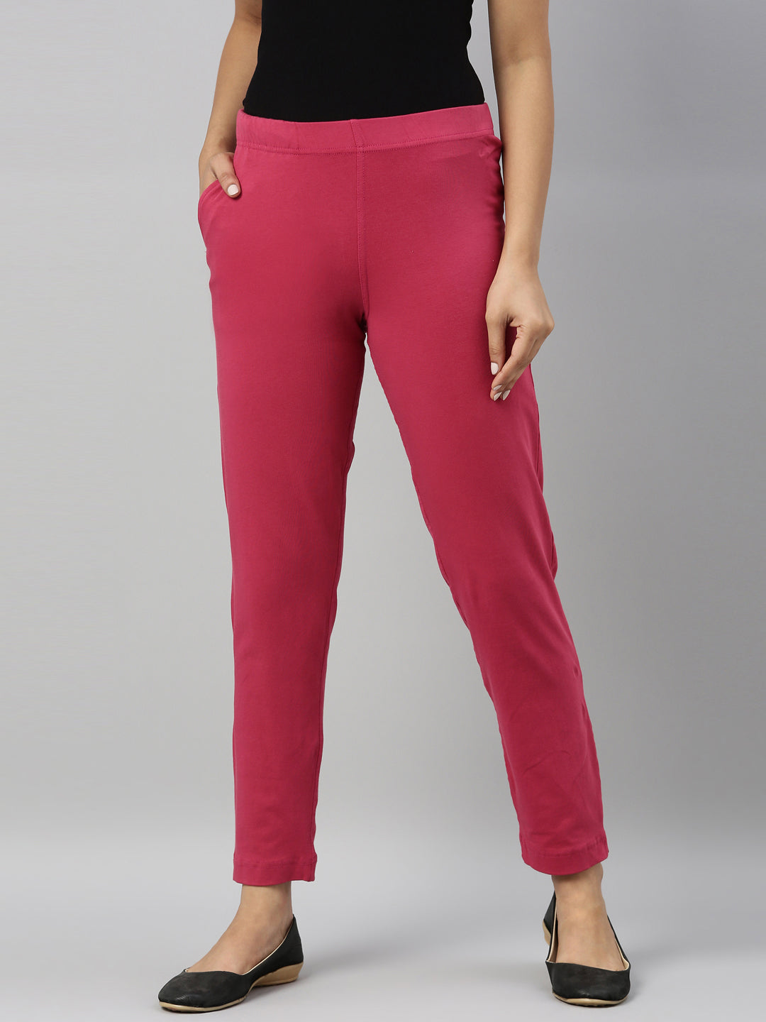 Women Solid Medium Pink Cotton Mid Rise Kurti Pants