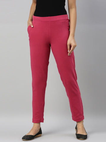 Women Cherry Red Solid Mid Rise Metallic Pants