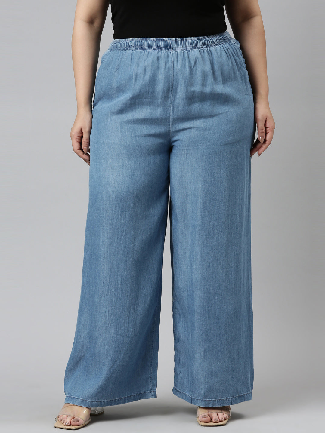 Women Solid Jean Blue Linen Cargo Pant