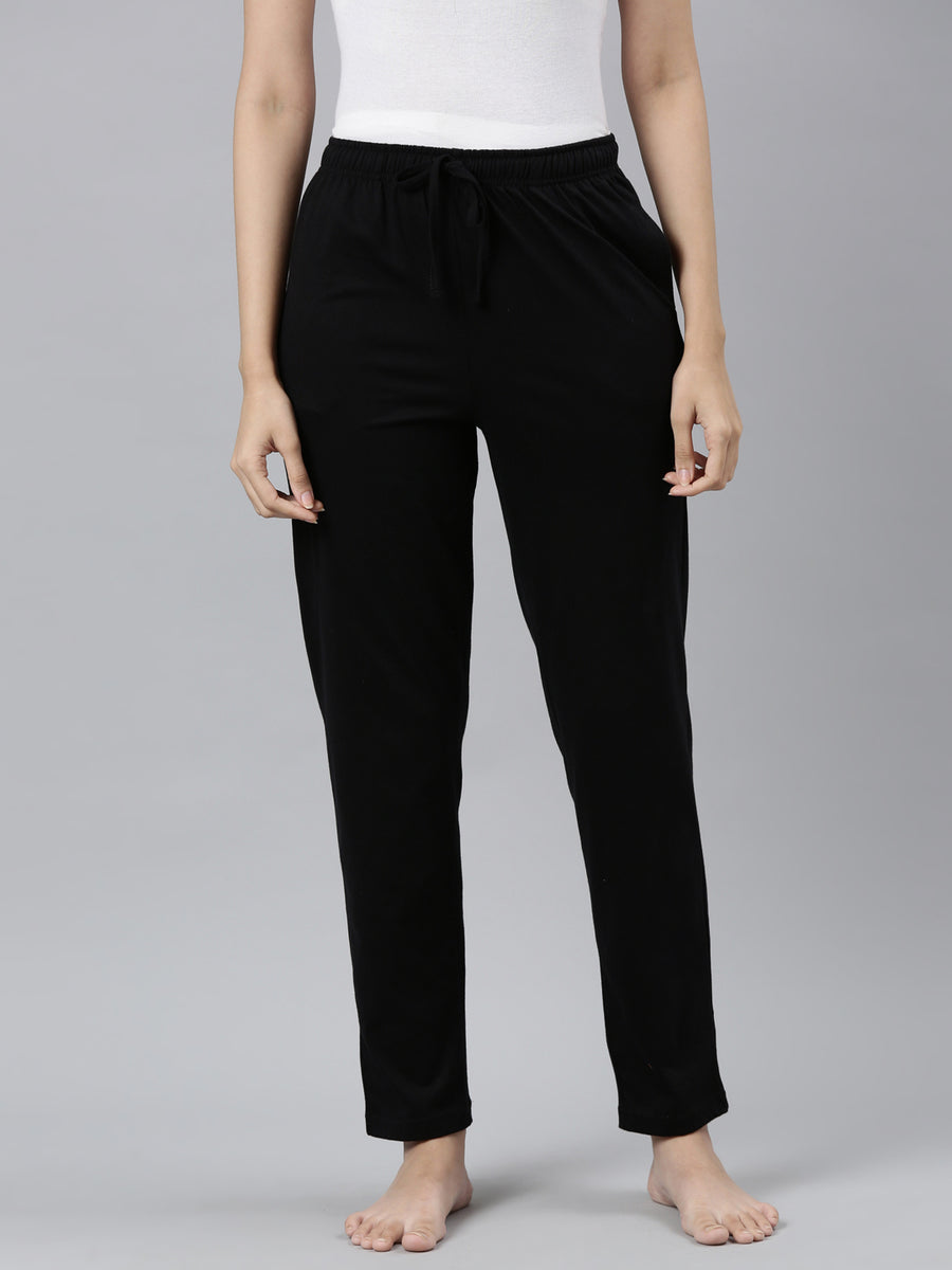 Women Solid Black Knit Cotton Lounge Pants