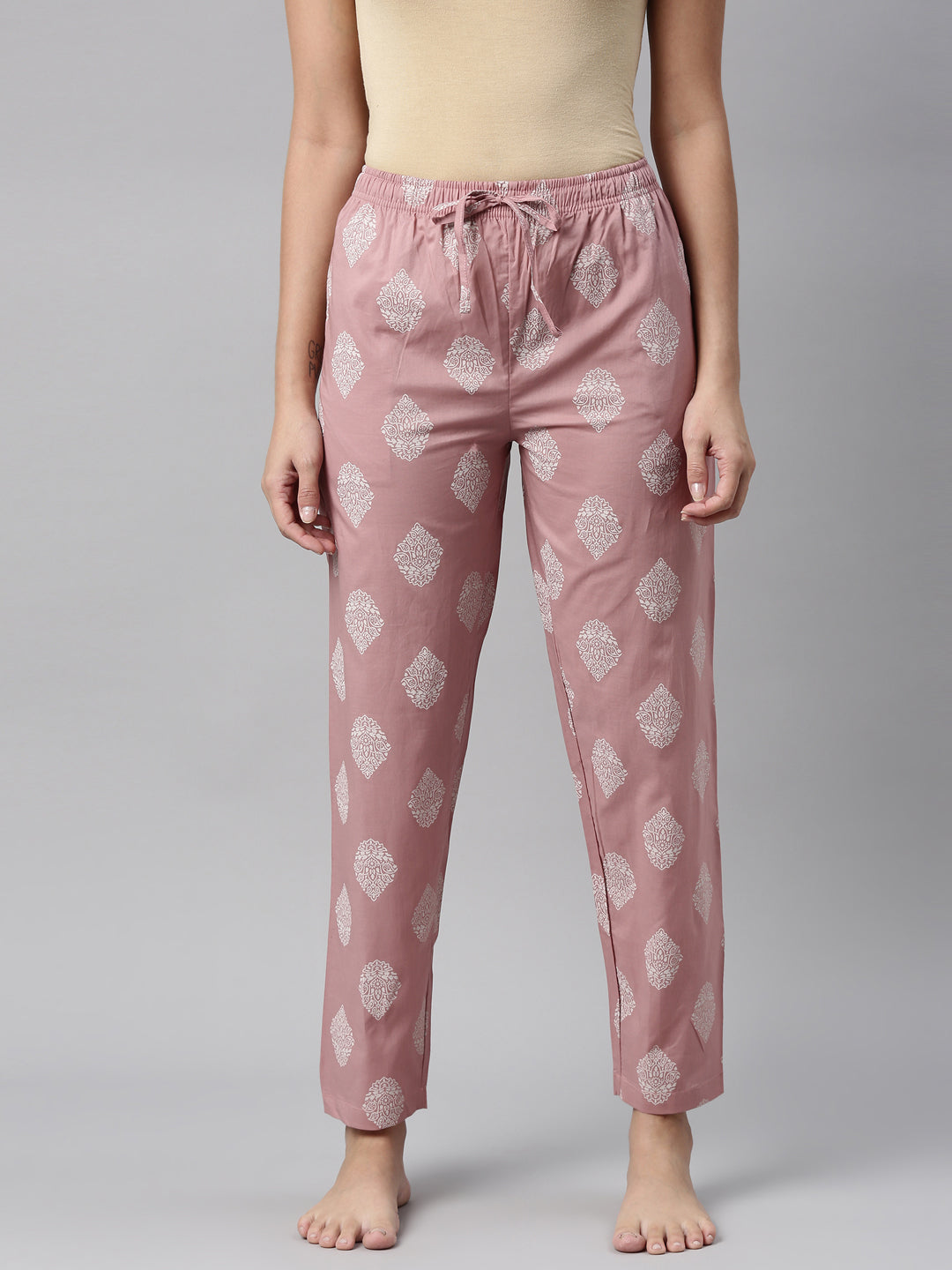 Women Printed Light Pink Cotton Lounge Pants
