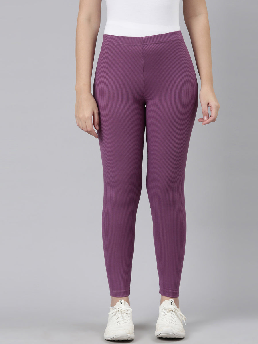 Women Solid Lilac Ribbed Leggings