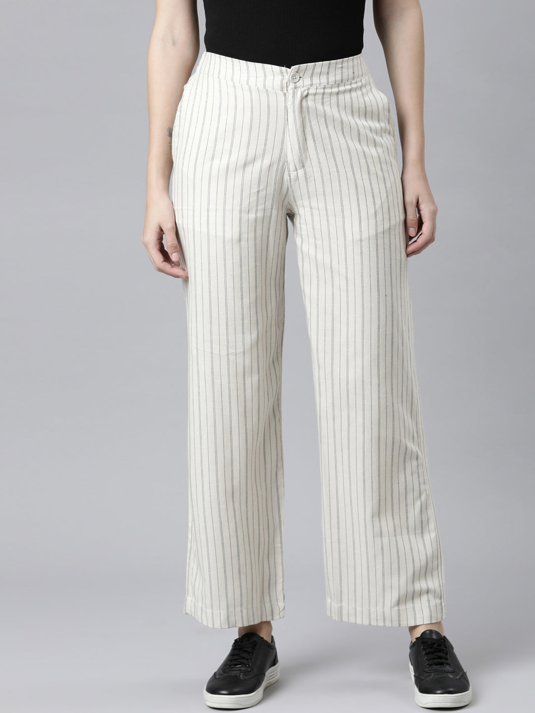 Women White Stripe Cotton Wide Pants