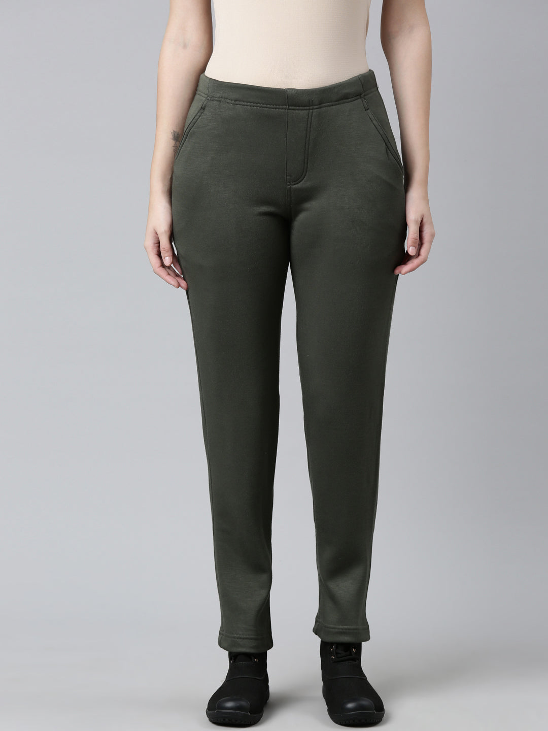 Women Solid Olive Green Mid Rise Ultra Warm Treggings