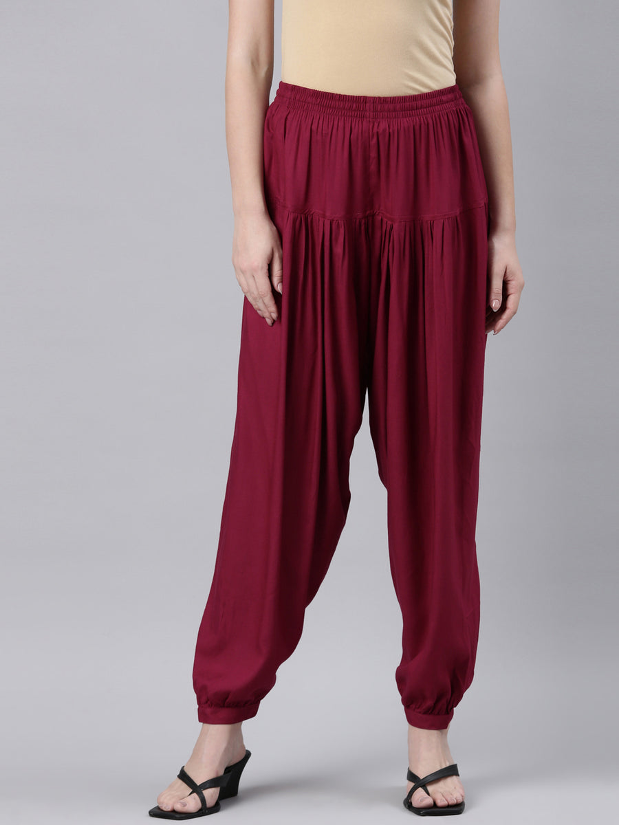 Women Solid Dark Rose Viscose Harem Pants