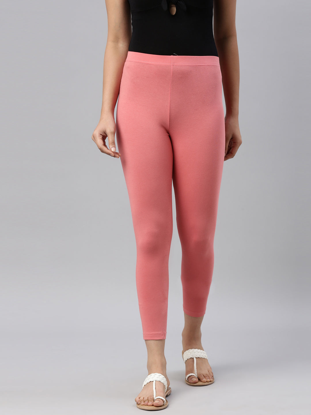 Women Solid Dusty Pink Cotton Cropped Leggings