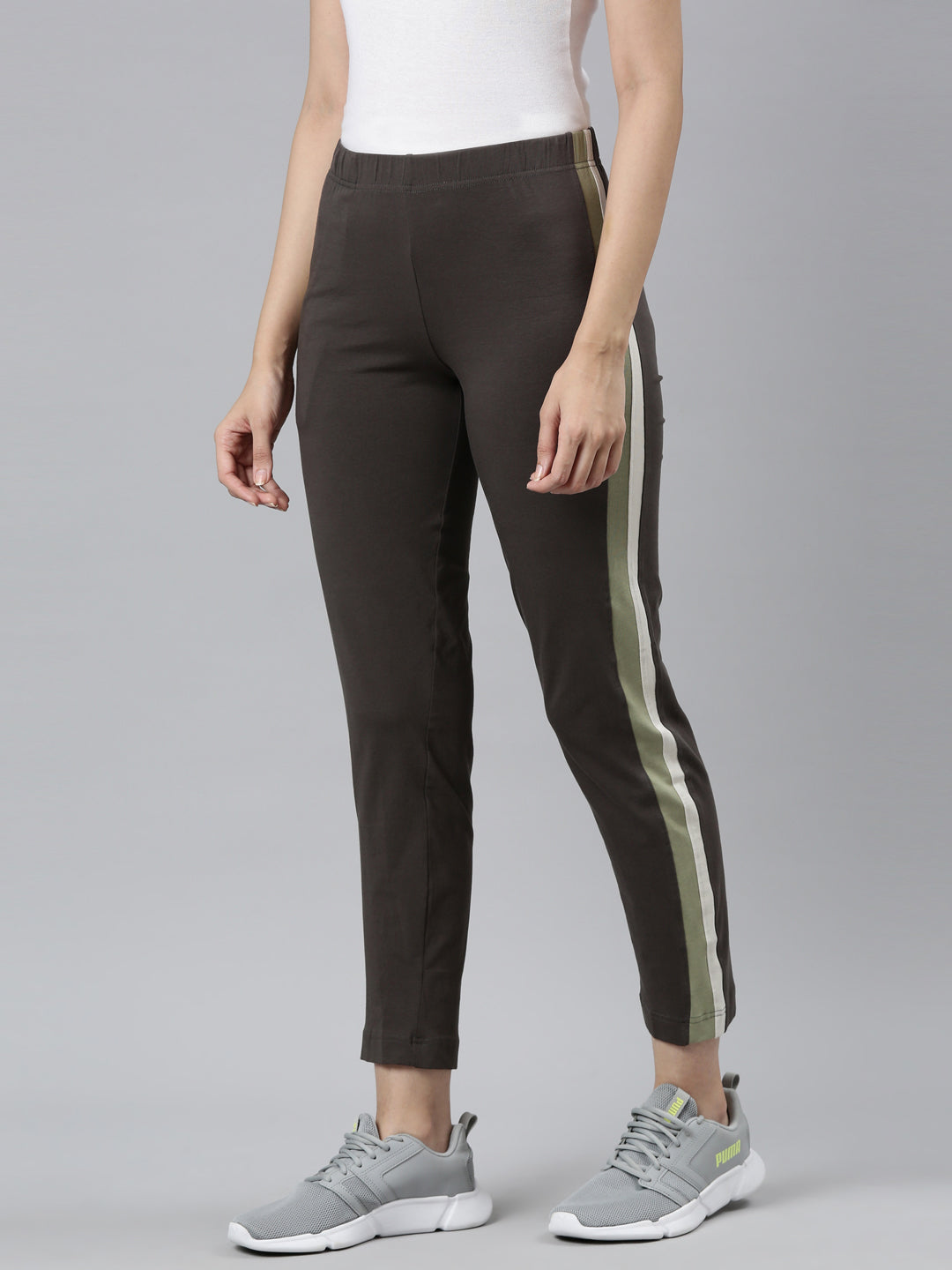 Yoga Pants Side Stripe Ankle Pants Silver Grey Cotton Stretch Side