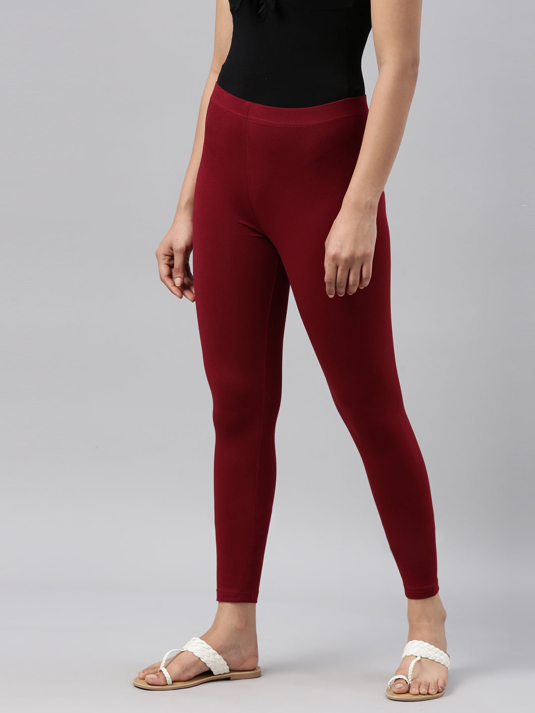 Maroon Cotton Stretch Ankle Length Leggings S - Main Image