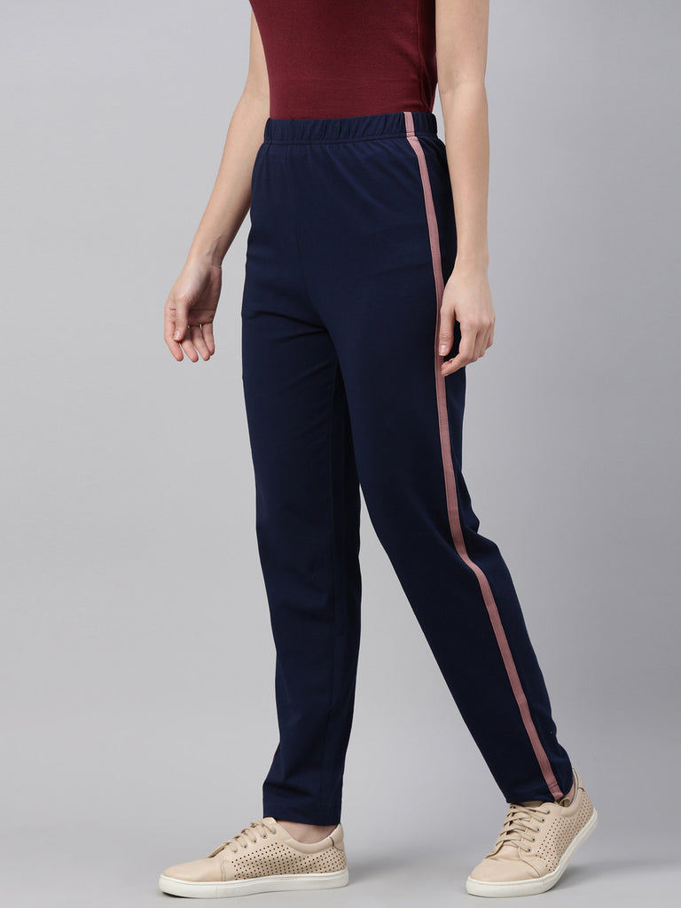 Women Solid Navy Side Stripe Trackpant
