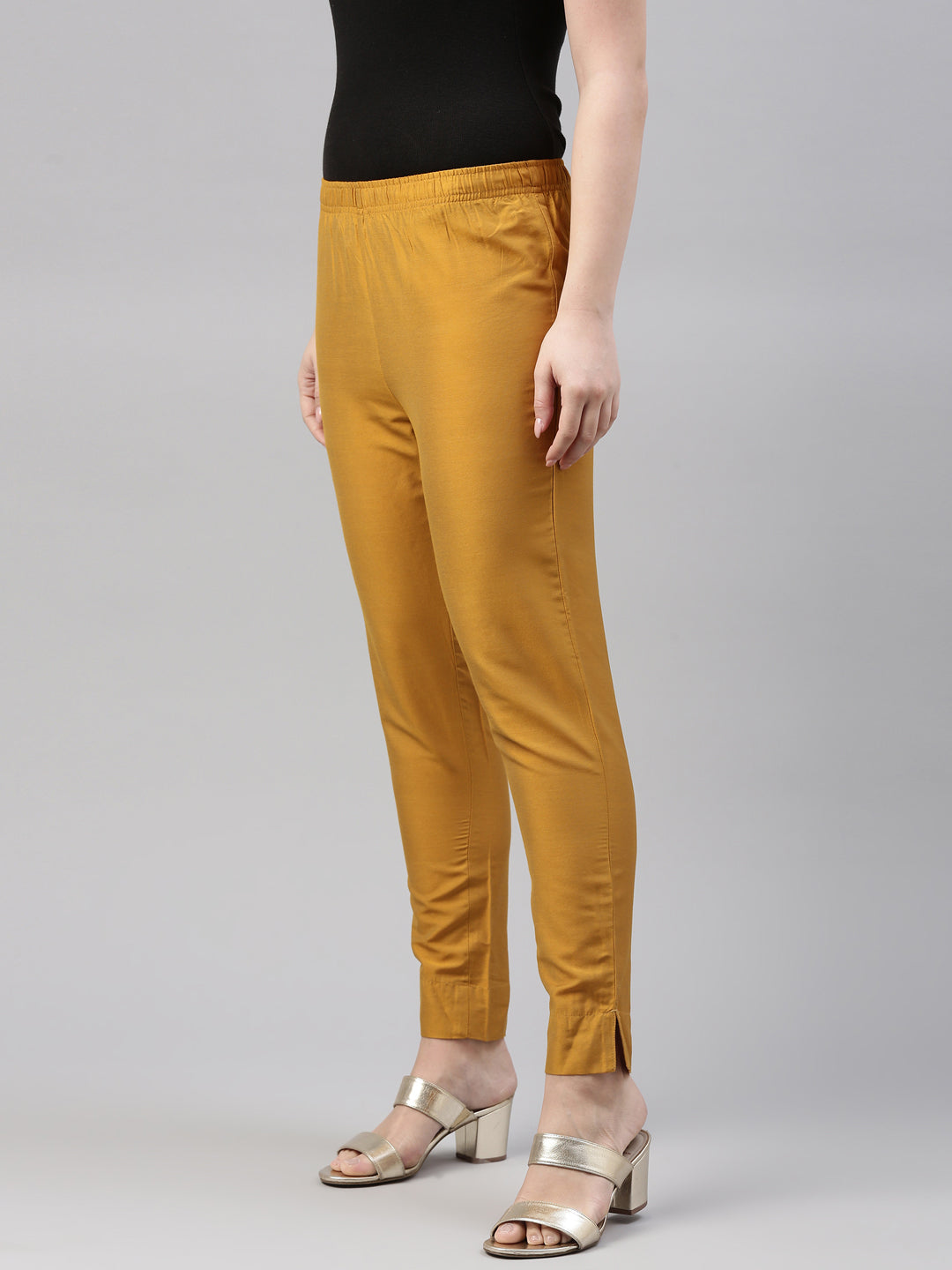 GO COLORS Women's Tapered Fit Rayon Pants (8905344088245_Gold_L)