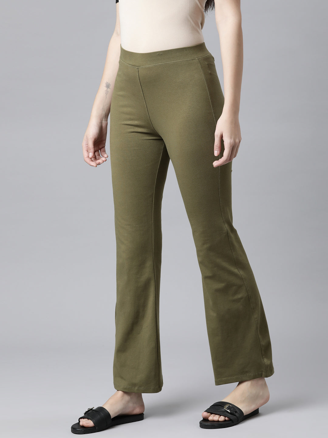 Women Solid Olive Green High Rise Flare Pants