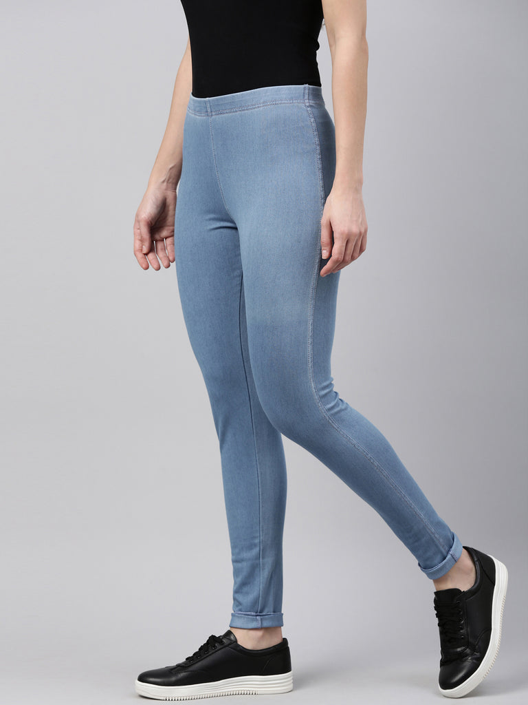 Shop Women's Solid Light Blue Denim Leggings Online