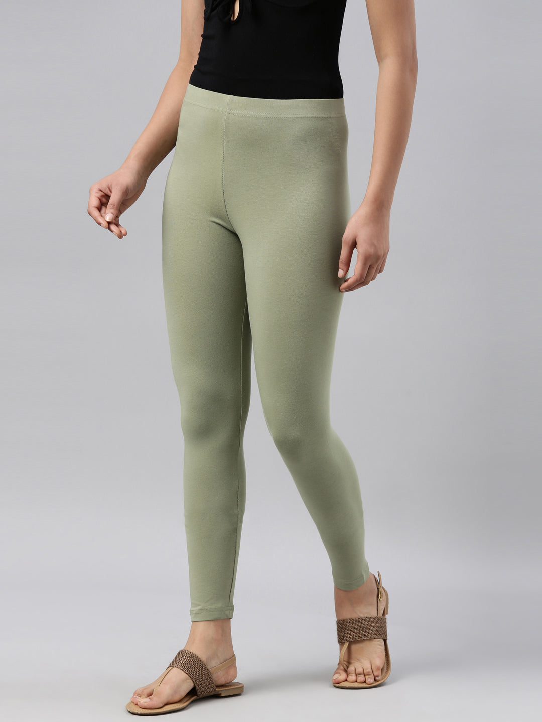 Dusty Green Cotton Stretch Ankle Length Leggings S