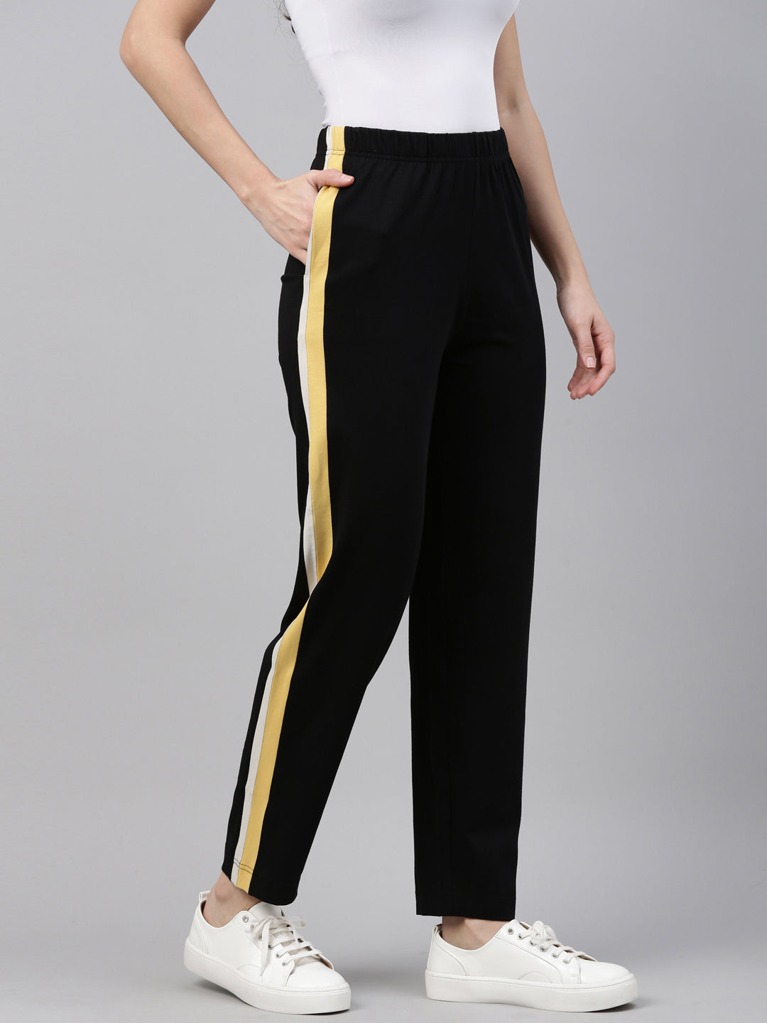 Black Cotton Stretch Side Stripes Track Pant S