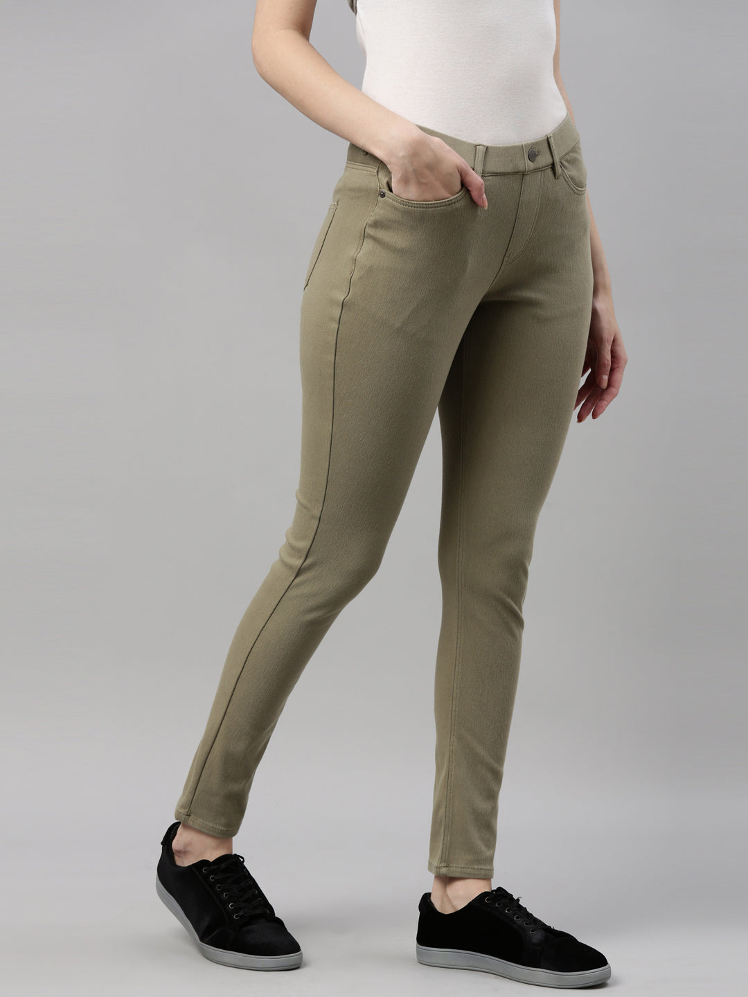 Buy online Women Olive Green Cotton Jegging from Jeans & jeggings