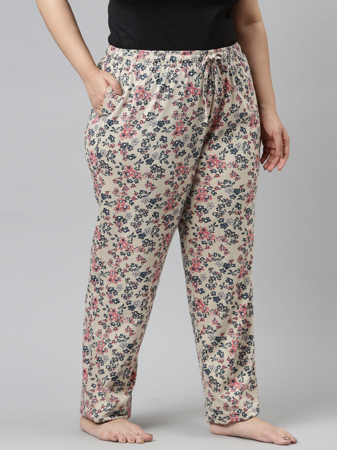 Beige Cotton Knit Printed Lounge Pants – Go Colors India