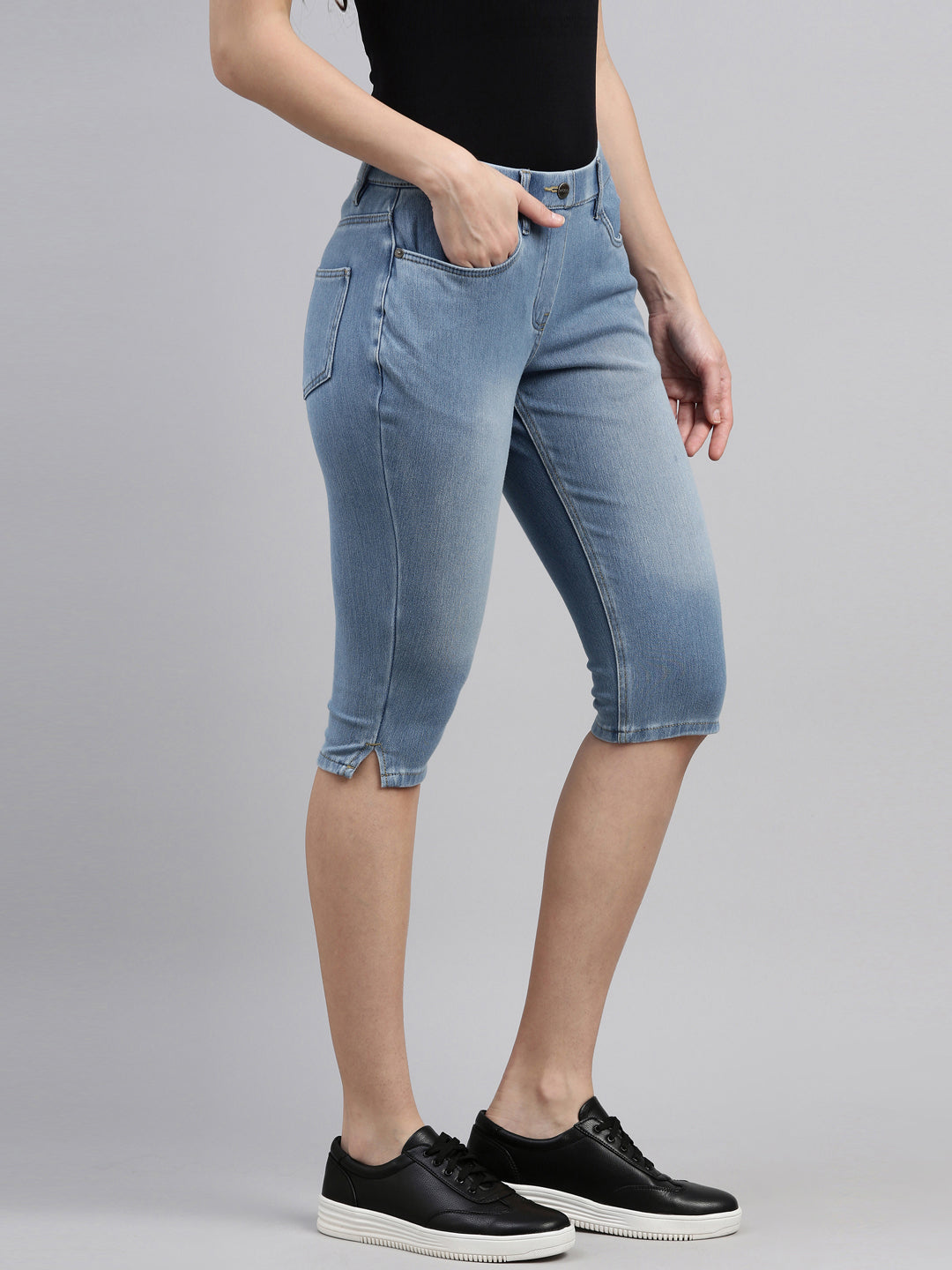 Ladies Stretch Pants Capri Shorts Denim Effect Treggings 3/4 Jeans Knee  length