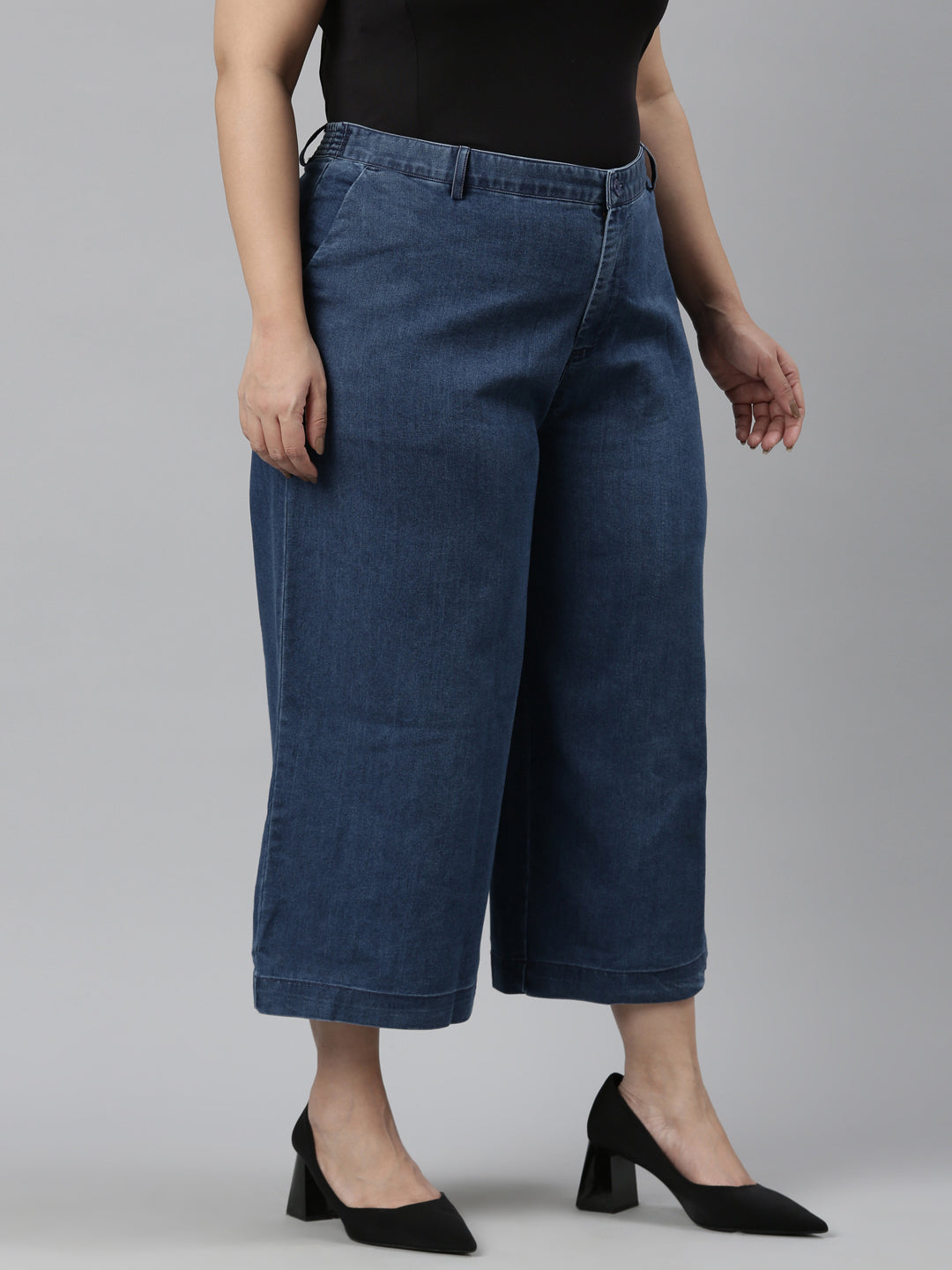 Women Solid Jeans Blue Linen Mid Rise Culottes