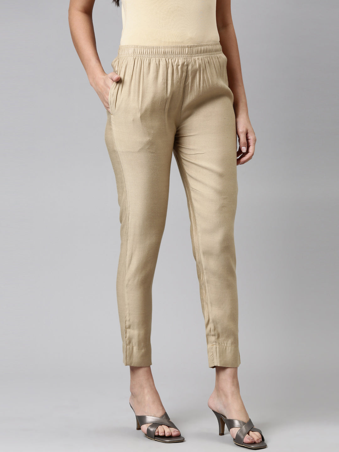 Buy GO COLORS Gold Womens Solid Casual Pants