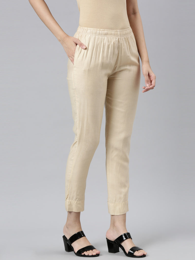 Women Solid Gold Straight Fit Silk Pant