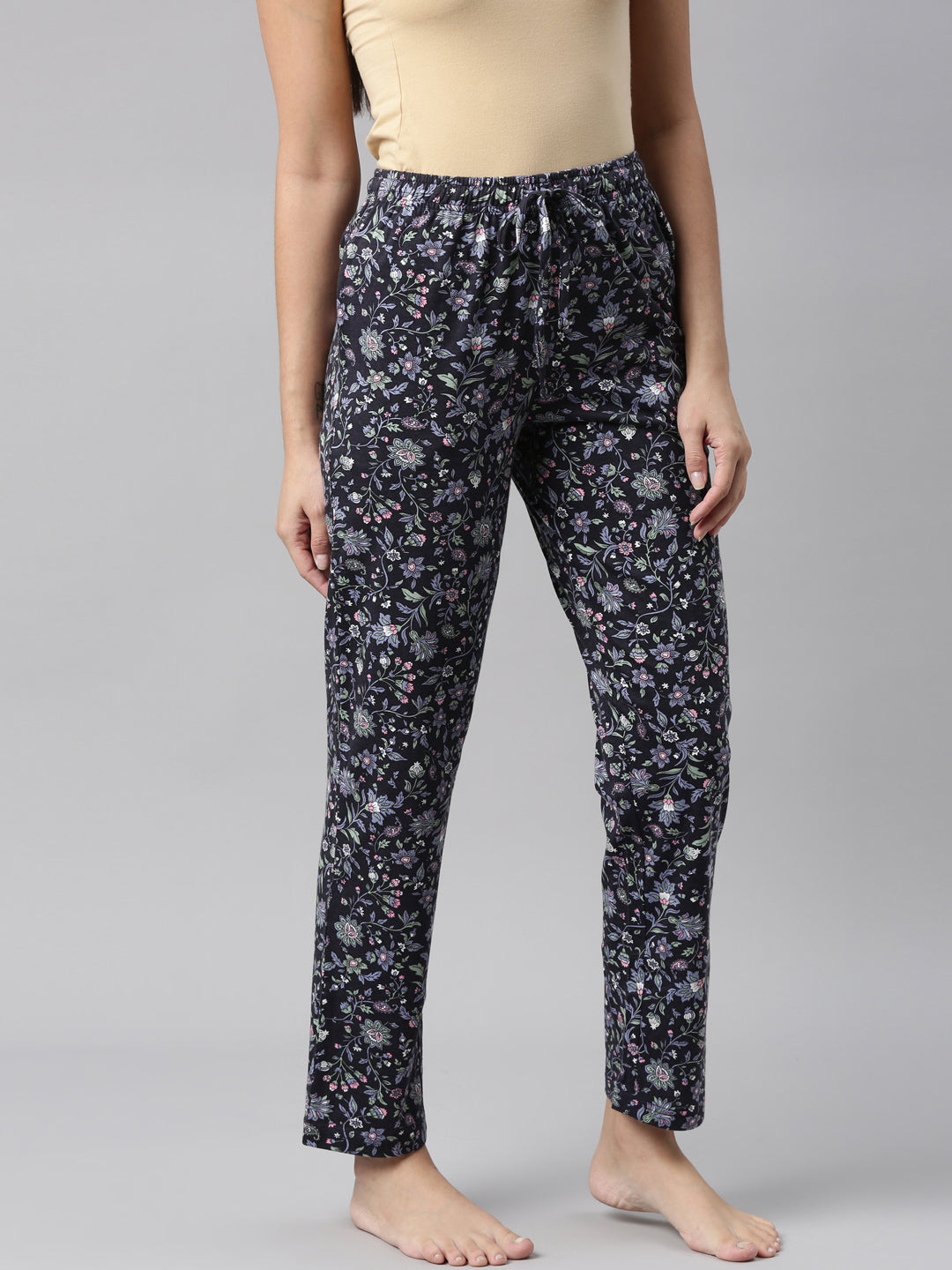 Women Printed Navy Cotton Relaxed Fit Lounge Pants